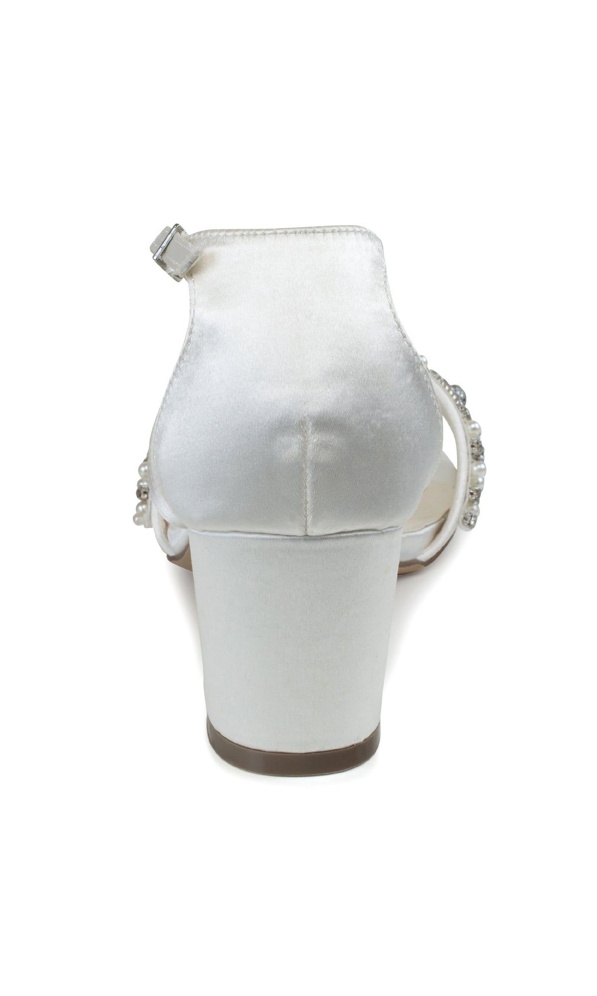 Rear view of the Evangeline Ivory Satin Prom Shoes (Paradox London P2200) showcases a low block heel, elegant ankle strap, and side embellishments for a refined touch.